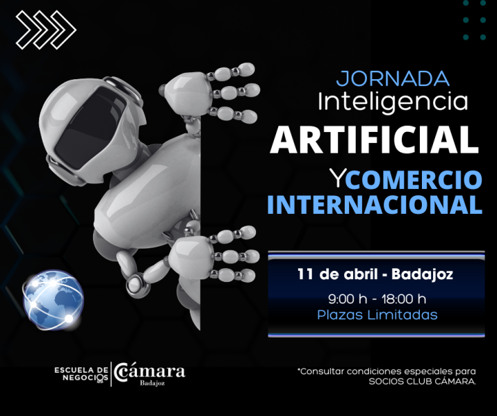 Participa en nuestra jornada intensiva sobre IA y comercio internacional en la Escuela de Negocios de la Cámara de Comercio de Badajoz. Aprende de expertos como Mike Mösch cómo implementar estrategias de IA para optimizar tu negocio y mantenerte a la vanguardia de la innovación.